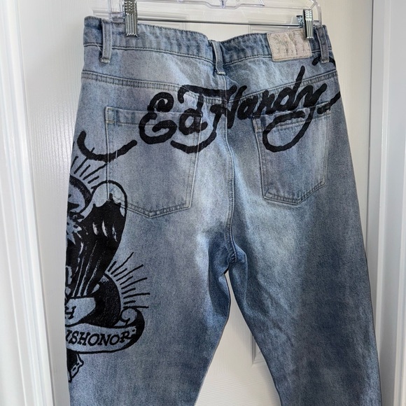 Ed Hardy Death Before Dishonor Jeans Distressed Mens 32x29 Streetwear Edgy Punk - Picture 5 of 12